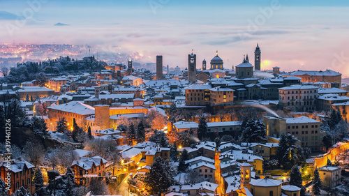Landscape of the city of Bergamo covered with snow, Italy Lombardy