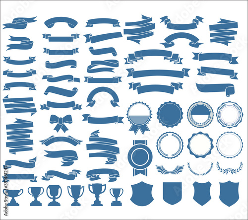 A collection of various ribbons tags laurels shields and trophies
