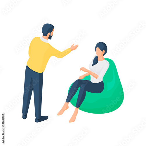 People chatting in office break room isometric vector illustration. Female character sits on green ottoman and listens attentively man.