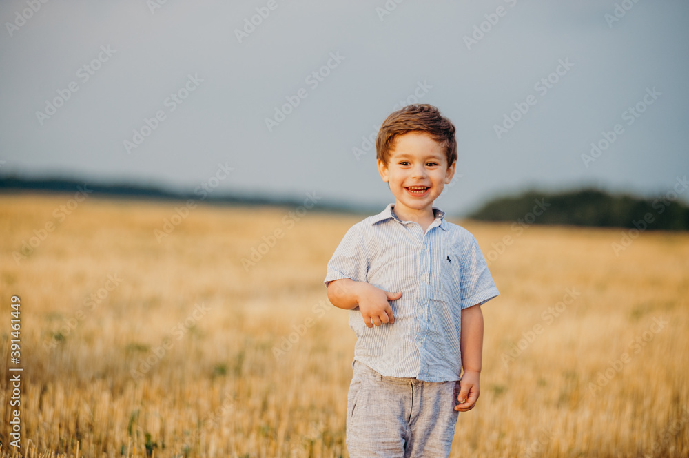 Emotional little adorable boy playing in the field in the warm rays of the setting sun in the summer. Emotional little adorable boy playing in the field in the warm rays of the setting sun in the summer.