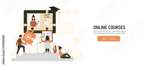 E-learning, online education at home concept.
Distance education, online courses, tutorials, webinar, digital classroom, online teaching metaphors. Flat vector illustration, isolated objects.