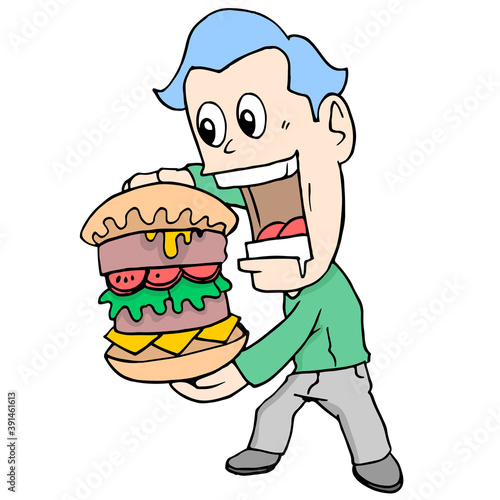 a man is greedy wanting to eat a large hamburger