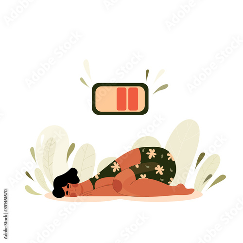 Tired Woman Lies On The Floor. Sleeping person hand drawn. Girl Fell from Lack of Energy with the Battery at the top. Vector stock flat illustration.