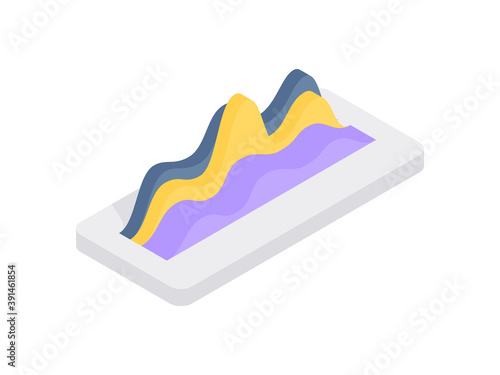 Statistical market dynamics isometric vector icon. Wavy purple vibrations with yellow rises.