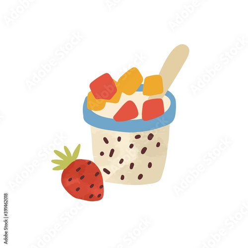 Flat vector simple cartoon illustration of yoghurt with succade and strawberry. Tasty dairy dessert composition with sliced fruits isolated on white. Berry ice cream with spoon in paper cup