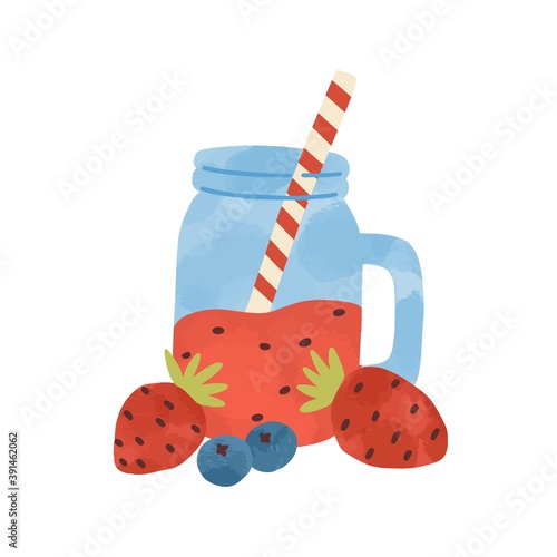 Flat vector simple cartoon illustration of healthy beverage with strawberry and blueberry. Tasty smoothie with berries isolated on white. Non alcoholic refreshing summer drink with straw in glass jar
