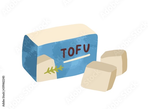 Composition of sliced tofu. Vegan organic soy cheese in package isolated on white background. Flat vector cartoon illustration of dairy bean curd. Traditional asian meal for vegetarians