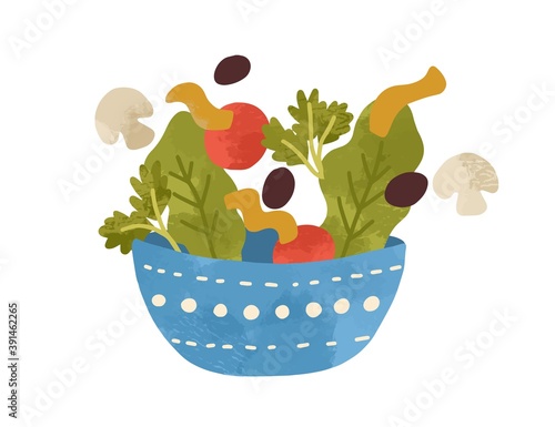 Salad bowl with vegetables and greens isolated on white background. Flat vector cartoon illustration of fresh and healthy vegan lunch meal. Organic vegetarian nutrition