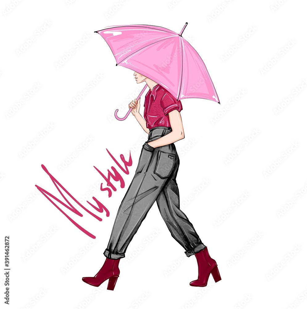 Hand-drawn fashion illustration woman with umbrella. My style art text with woman walk on white background. Trendy sketch of walking woman with pink umbrella, black pants, red blouse art Hand-drawn fashion illustration woman with umbrella. My style art text with woman walk on white background. Trendy sketch of walking woman with pink umbrella, black pants, red blouse art