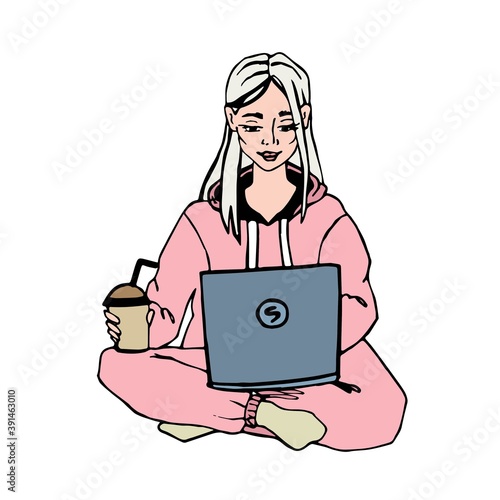 Girl in lotus position with laptop and coffee in hands, online learning, girl in home clothes working on laptop, distance learning and work, vector illustration in doodle style, isolated object.