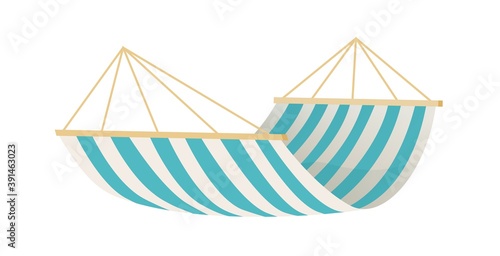 Empty textile striped hammock isolated on white background. Colorful hanging tool for beach or camping recreation. Comfortable decor element. Flat vector cartoon illustration