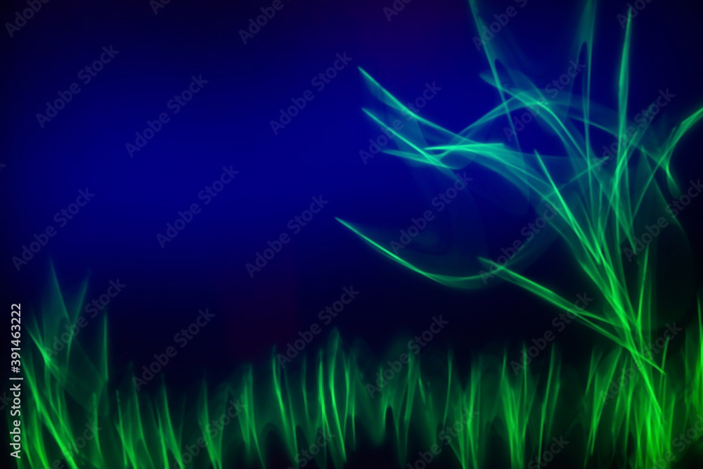 Abstract dark background with blurred motion green glow on a blue background, nature association, tree and grass