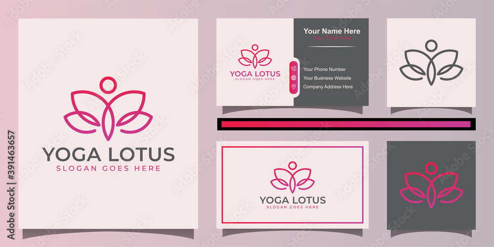 Meditation center logo. Yoga pose with lotus flower logo and business card design
