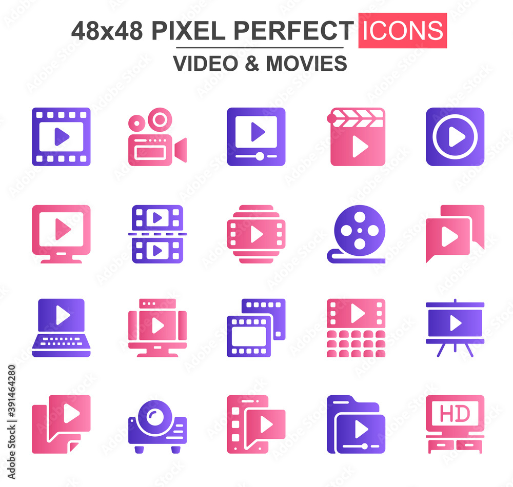 Video and movies glyph icon set. Film strip, reel, camera, clapperboard, cinema, video content, projector unique icons. Flat vector bundle for UI UX design. 48x48 pixel perfect GUI pictograms pack. Video and movies glyph icon set. Film strip, reel, camera, clapperboard, cinema, video content, projector unique icons. Flat vector bundle for UI UX design. 48x48 pixel perfect GUI pictograms pack.