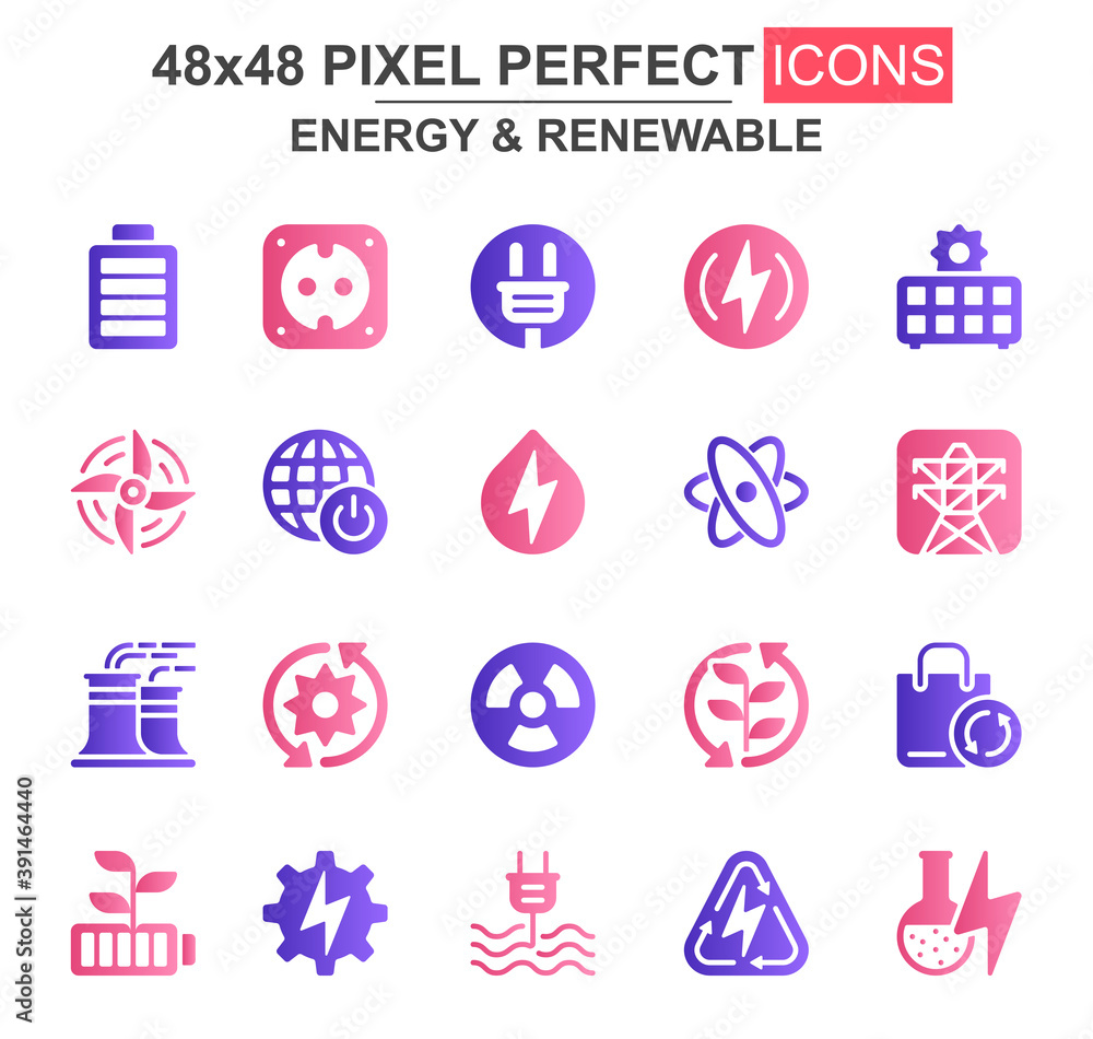 Energy and renewable glyph icon set. Power plant, nuclear energy, wind turbine, electric socket and plug unique icons. Flat vector bundle for UI UX design. 48x48 pixel perfect GUI pictograms pack.