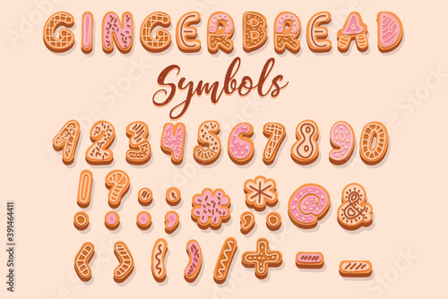 Christmas gingerbread cookies, decorated vector numbers and symbols