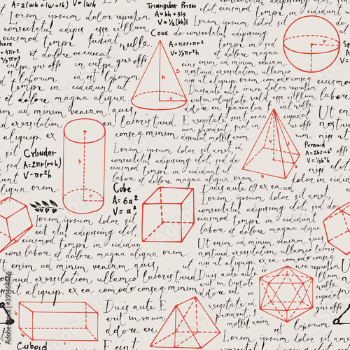 Abstract seamless pattern with black handwritten text Lorem ipsum and red hand-drawn geometrical figures. Vector repeating background in the style of sketches from the diary of a scientist