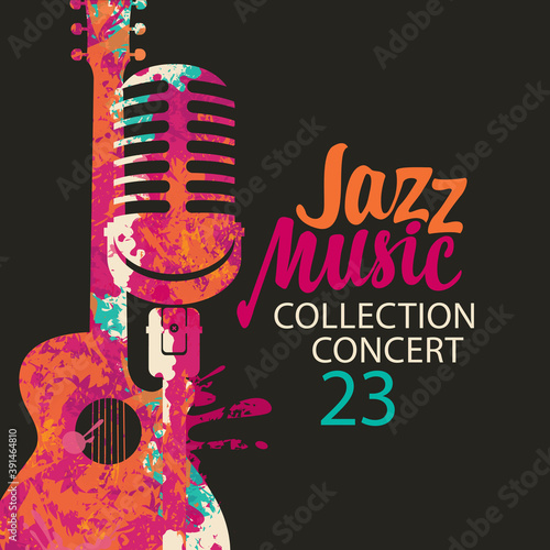 Poster for a jazz music concert with a bright abstract guitar, microphone and lettering on the black background. Suitable for vector banner, flyer, invitation, advertisement, cover, ticket