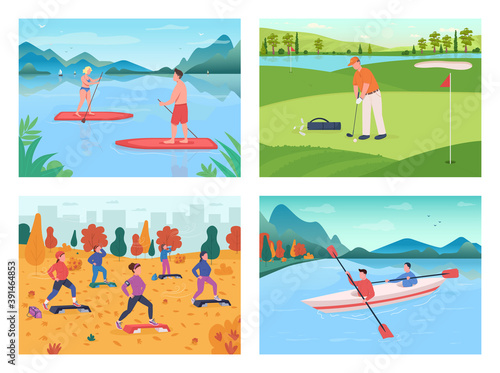 Outdoor sport flat color vector illustration set. Fitness training. Golf player. Kayaker team. Sportsman and sportswoman 2D cartoon characters with seasonal landscape on background collection