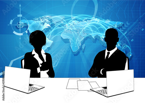 A pair of news anchor tv reporters or presenters in silhouette in studio behind a desk