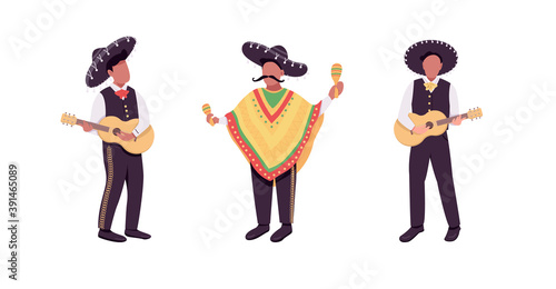 Mexican musicians flat color vector faceless character set. Hispanic guitarist. Traditional latin music band isolated cartoon illustration for web graphic design and animation collection