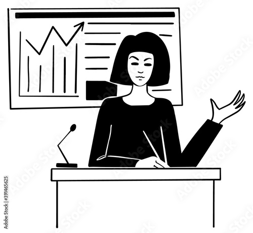 Happy young woman lecture speaker. Scientist on Podium for Presentation. Vector illustration doodle style black line white background