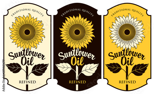 Set of three labels for refined sunflower oil with a big blossom sunflower in a figured frame. Vector illustration in retro style, advertising poster