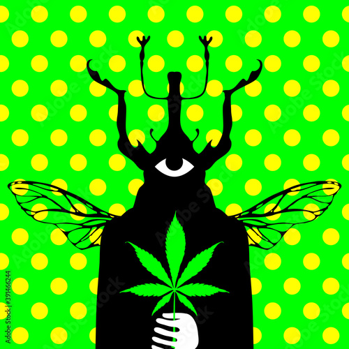 Creative illustration with a hemp leaf in hands of a mysterious winged creature with a beetle head and one eye on a green background with yellow polka dots. Decorative vector banner on cannabis theme