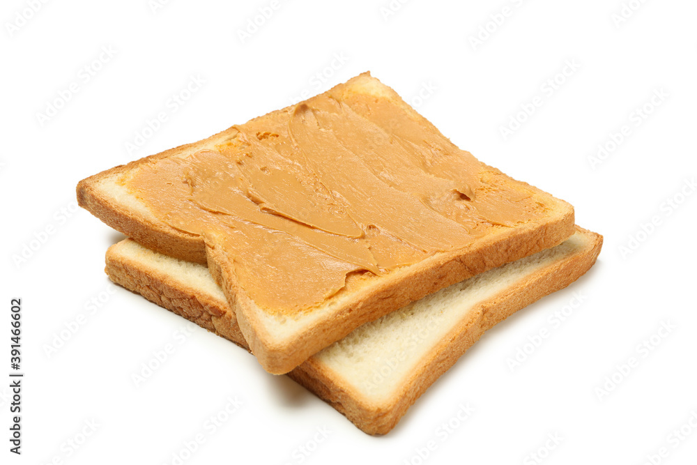 Sweet toast with peanut butter isolated on white background