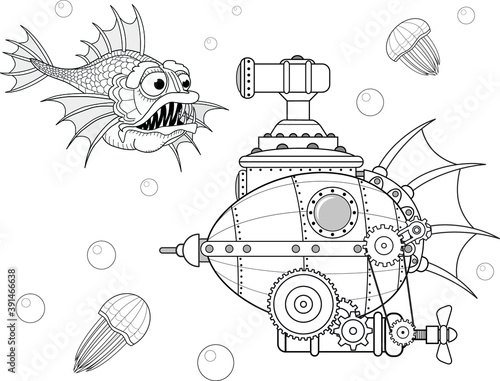 Retro submarine in the style of steampunk coloring book