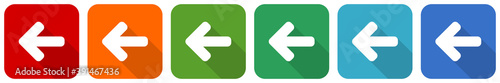 Left arrow, back icon set, flat design vector illustration in 6 colors options for webdesign and mobile applications