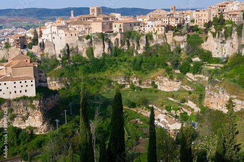 Hanging Houses on the cliffs above the Huecar River gorge, in Cuenca, a historic walled town Spain. photo
