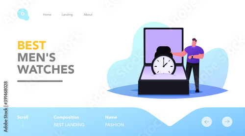 Menswear Boutique Landing Page Template. Tiny Male Character Stand at Huge Box with Modern Luxury Watch in Fashion Store