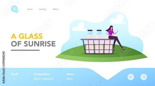 Healthy Drink, Dairy Production, Milkman Job Landing Page Template. Tiny Female Sitting on Huge Basket with Bottles