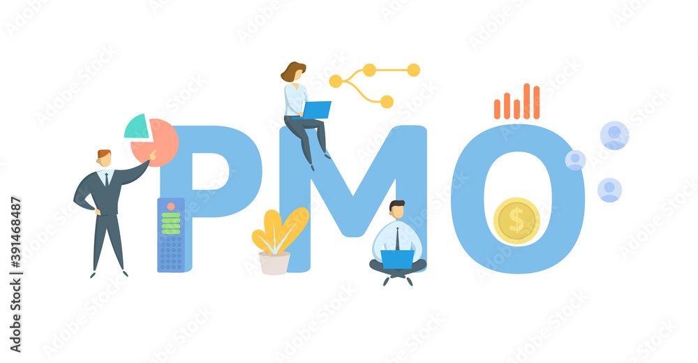PMO, Program Management Office. Concept with keywords, people and icons. Flat vector illustration. Isolated on white background. PMO, Program Management Office. Concept with keywords, people and icons. Flat vector illustration. Isolated on white background.