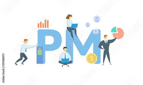 PM, Project Management. Concept with keywords, people and icons. Flat vector illustration. Isolated on white background.