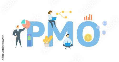 PMO  Program Management Office. Concept with keywords  people and icons. Flat vector illustration. Isolated on white background.