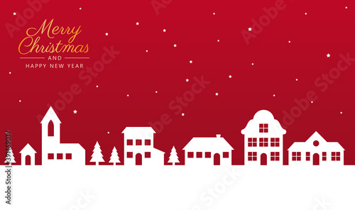 Vector Christmas postcard. Landscape with houses, trees and star sky