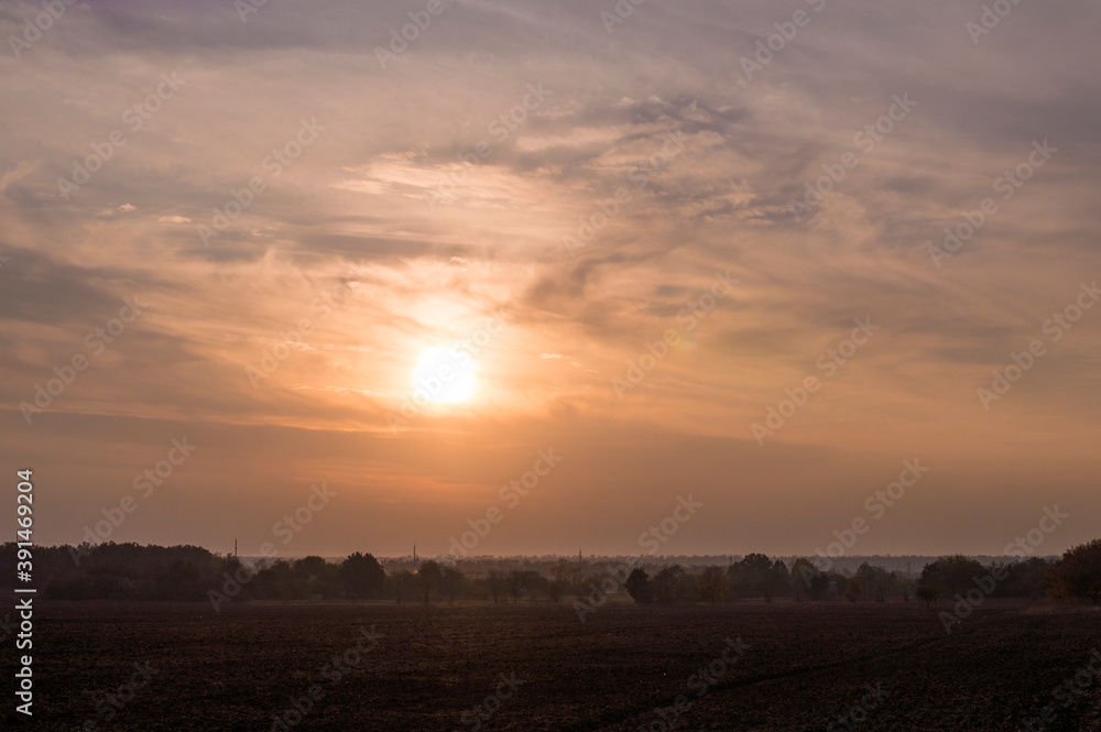 Landscape photo, field at sunset time