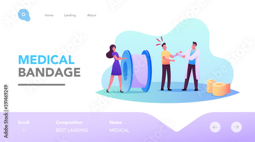 Limb Fracture Landing Page Template. Characters in Traumatological Department. Medical Nurse or Doctor Applying Bandage