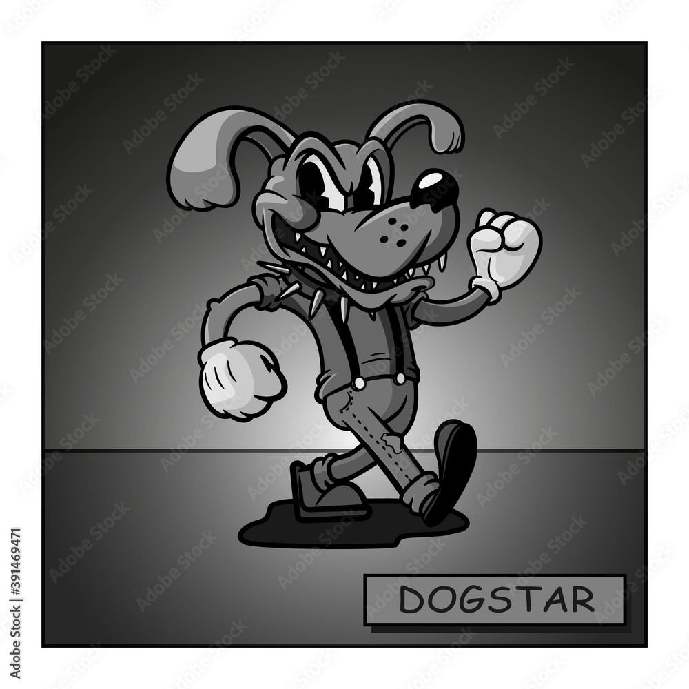 Dogstar. funny and stern cartoon dog is walking. Animal black and white