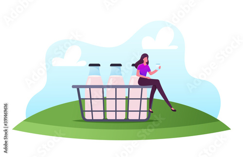 Healthy Drink, Dairy Production, Milkman Profession. Tiny Female Sitting on Huge Basket with Bottles Drinking Milk