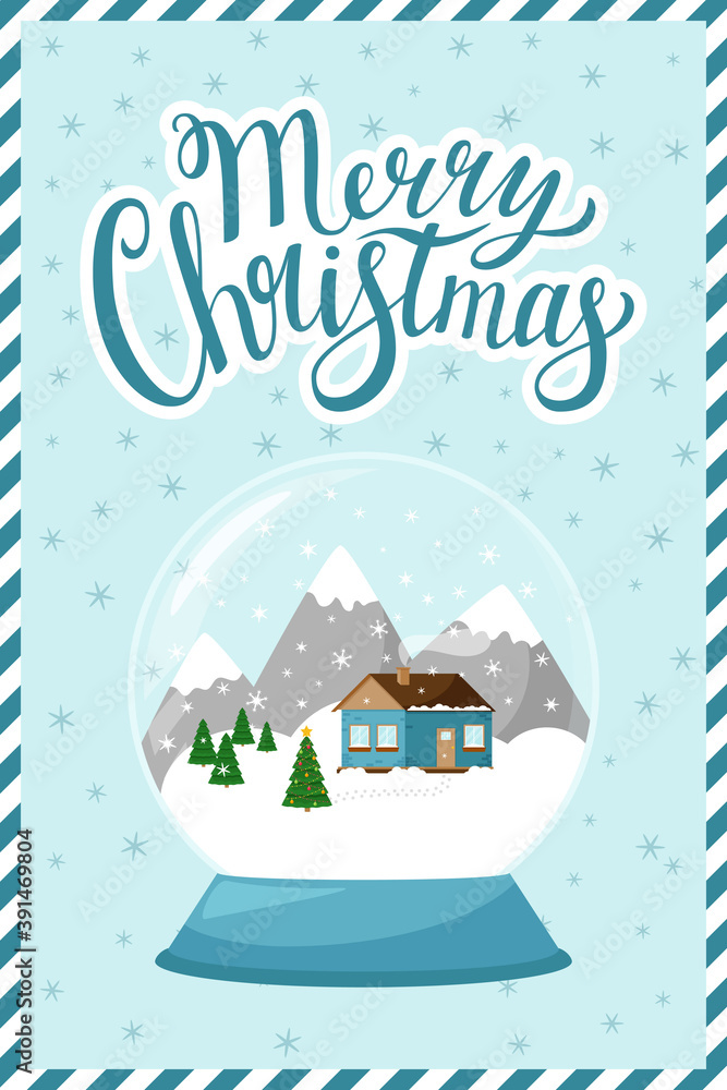 concept of a new year, Christmas greeting card with the words Merry Christmas.Snow globe on a blue background with snowflakes.Vertical greeting card template in a flat style with symbols of Christmas