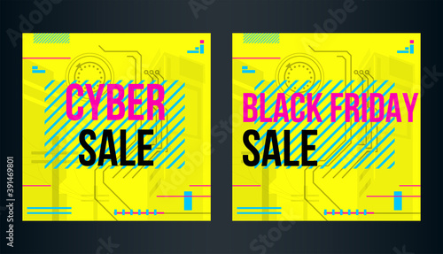 Modern banner in cyberpunk style. Universal banner on the theme of sales