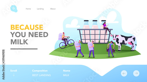 Milkman Landing Page Template. Characters Working on Animal Farm Milking Cow or Delivering Dairy Production to Customers