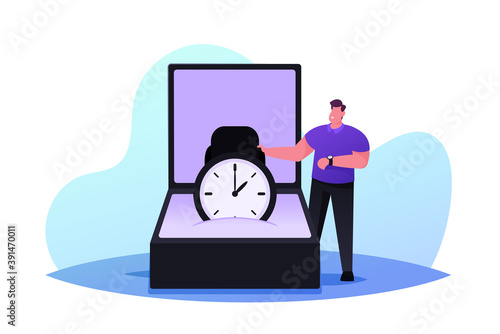 Tiny Male Character Stand at Huge Box with Modern Luxury Watch. Elegant Man Buying Luxury Accessories in Fashion Store