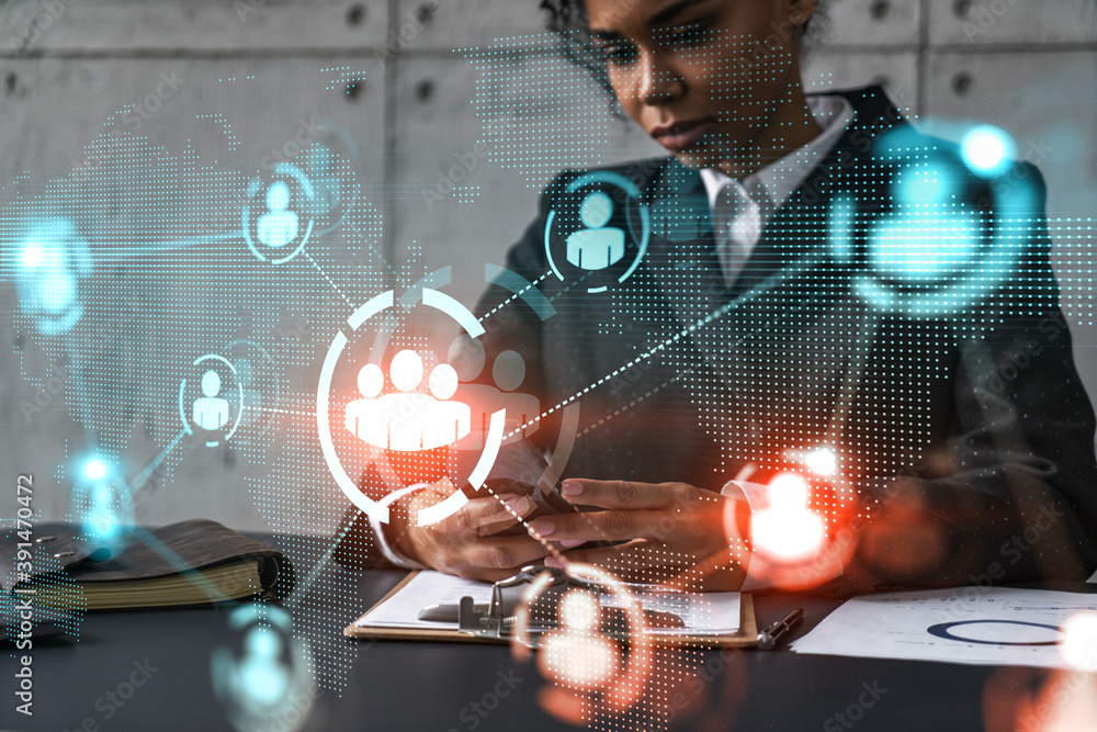 Businesswoman using phone, work in modern office on new project. Double exposure. Concept of success. Social network hologram. Businesswoman using phone, work in modern office on new project. Double exposure. Concept of success. Social network hologram.