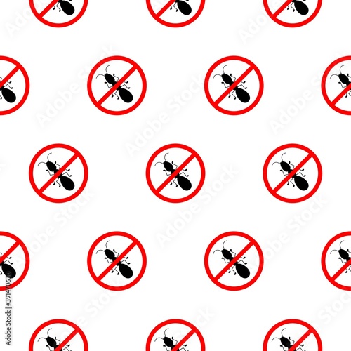 No ant with ban sign seamless pattern. Anti ant pest control ban, prohibition insects silhouette vector.