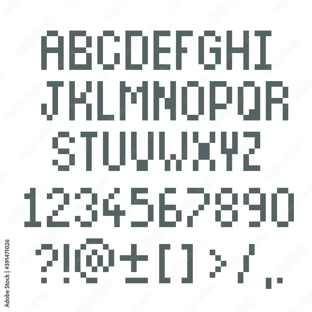 Pixel font, vector alphabet letters and numbers set. Modern stylish fonts or typeface for headline or headline design like poster, game, website or print. Pixel font, vector alphabet letters and numbers set. Modern stylish fonts or typeface for headline or headline design like poster, game, website or print.