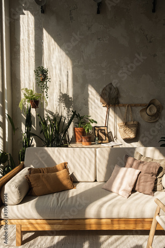 Boho style modern home interior design. Sofa, pillows, home plants, carpet and decorations against concrete wall. Bohemian sitting room with sun light shadows on the wall.